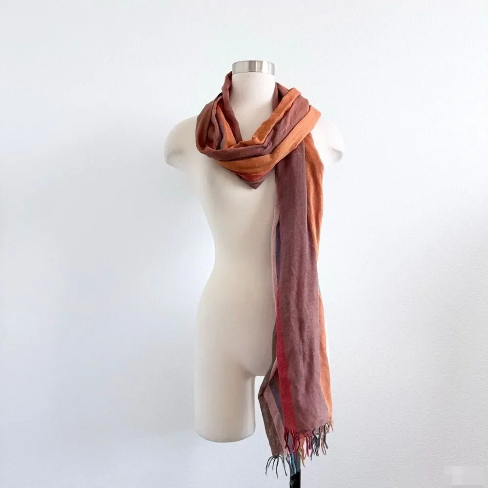 Y2K Rust Orange Blue Scarf Neck Stripe Striped Fringe Linen Long